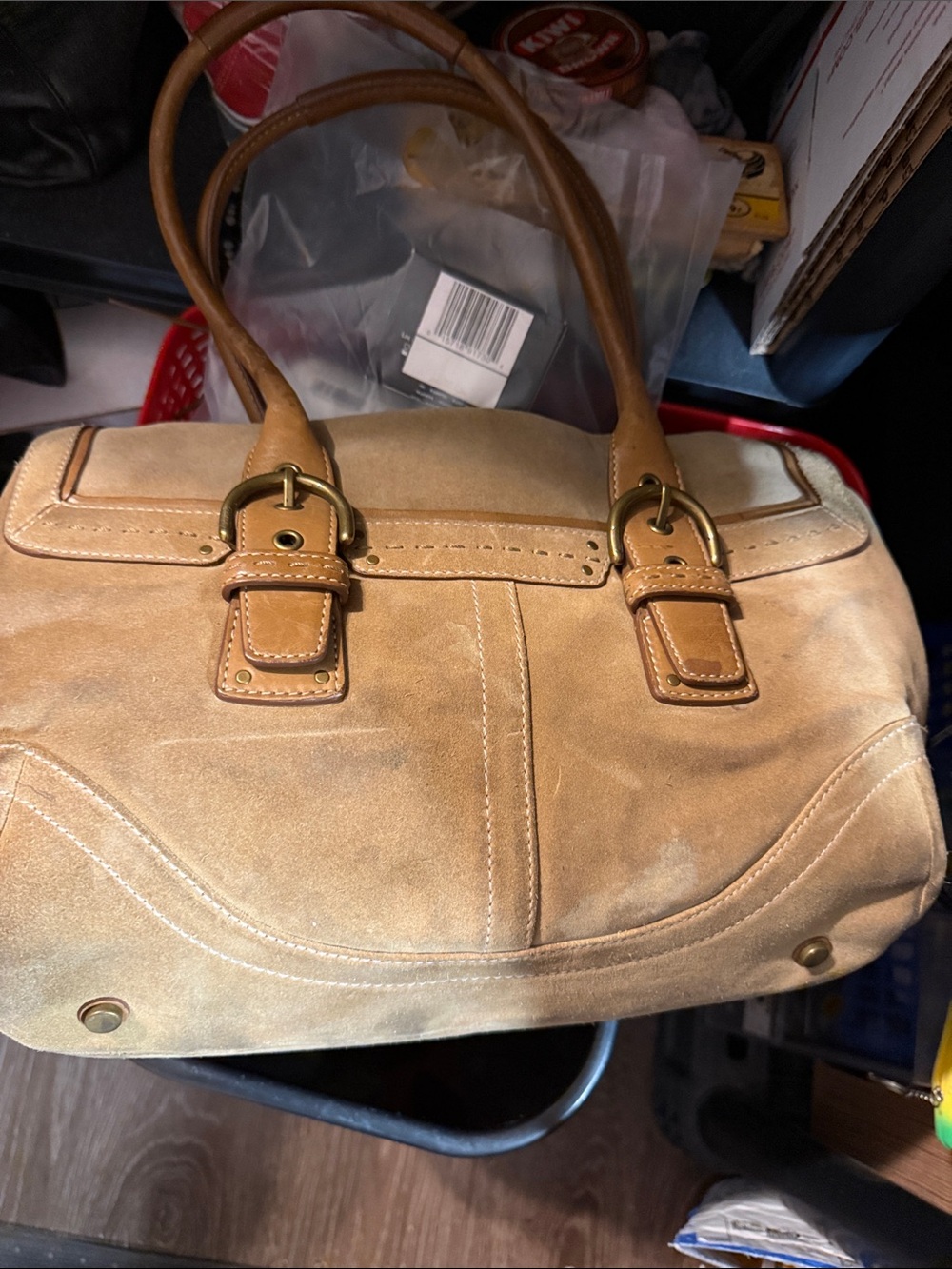 Coach Tan Leather Suede Satchel with Buckle Accents